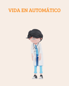 Caricatura 3D de médico abrumado con los brazos hacia abajo, símbolo de vivir en piloto automático